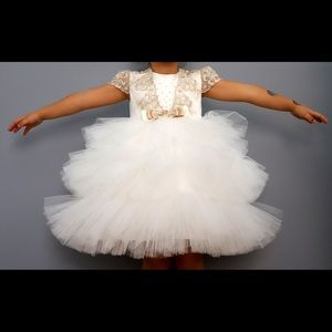 tulle  ivory taffeta and gold lace formal dress